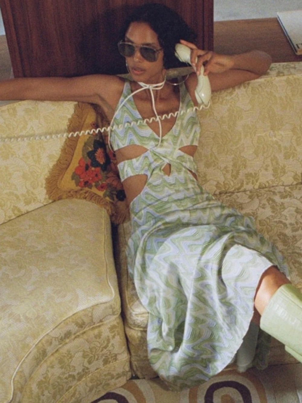 For Love And Lemons Yori Mint Green Paisley Cutout Halter Midi Dress